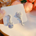 Elegant Asymmetric Cartoon Cat And Heart Drop Studs, White Enamel Alloy With Shell Crystal Accents Earrings view 4