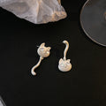 Elegant Asymmetric Cartoon Cat And Heart Drop Studs, White Enamel Alloy With Shell Crystal Accents Earrings view 2