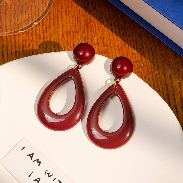 Elegant Vintage Wine Red Acrylic Resin Teardrop Dangle Round Stud Geometric French Style Earrings