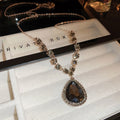 Rhinestone Teardrop V Shape Long Alloy Sweater Necklace, Elegant Light Luxury Pendant For Women view 2