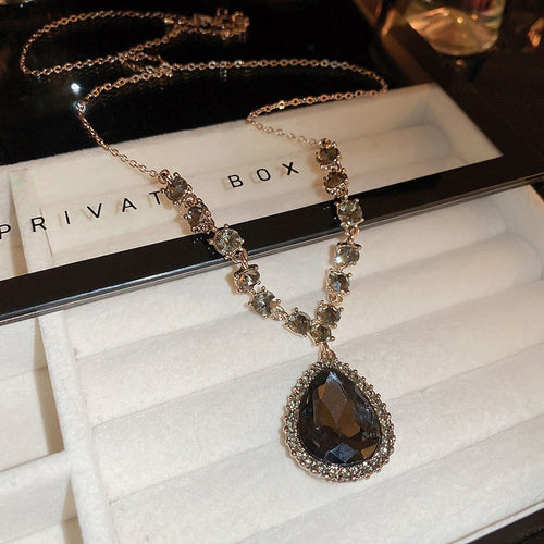 Rhinestone Teardrop V Shape Long Alloy Sweater Necklace, Elegant Light Luxury Pendant For Women