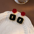 Vintage French Burgundy Rose Stud With Black Velvet Square Alloy Drop Luxury Women's Fashion Earrings view 2