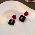 Vintage French Burgundy Rose Stud With Black Velvet Square Alloy Drop Luxury Women's Fashion Earrings view 3