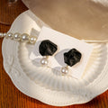 Elegant French Fabric Rose Flower Pearl Drop Studs With Silver Needle Light Luxury Women's Earrings view 2