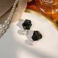 Elegant French Fabric Rose Flower Pearl Drop Studs With Silver Needle Light Luxury Women's Earrings view 4