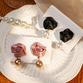 Elegant French Fabric Rose Flower Pearl Drop Studs With Silver Needle Light Luxury Women's Earrings view 1