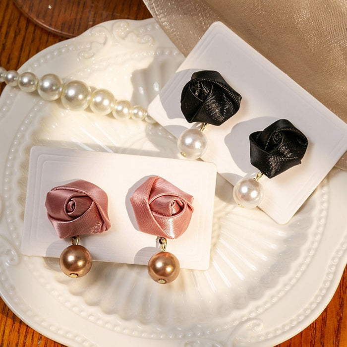 Elegant French Fabric Rose Flower Pearl Drop Studs With Silver Needle Light Luxury Women's Earrings