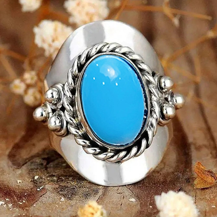 Bohemian Ethnic Style Vintage Exaggerated Oval Women Ring With Turquoise Statement Design
