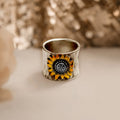 Vintage Wide Band Ring With Sunflower Pattern, Unisex Couple Creative Statement Jewelry view 4
