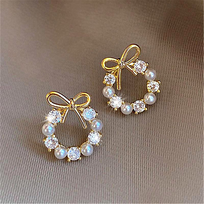 Bowknot Faux Pearl Stud Earrings For Women, Simple Petite Light Luxury Sweet Ear Jewelry