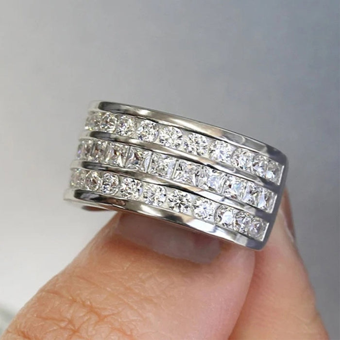 Starry Full Zircon Luxury Engagement Stack Ring, Three Layer Hip Hop Band Ring For Fashion Jewelry