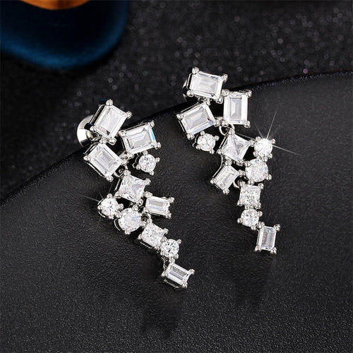 Korean Style Sparkling Micro Pave Zircon Stud Earrings Geometric Diamond Round Square Bridal Earrings
