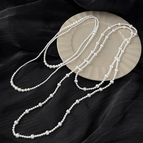 Minimalist Long Faux Pearl Geometric Sweater Necklace For Elegant Winter Commute Style