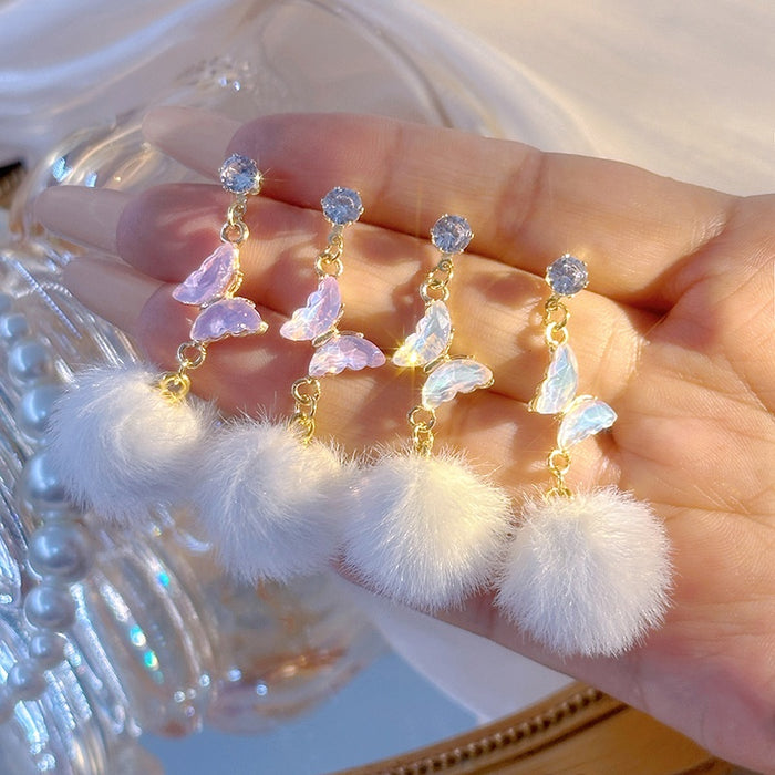 Elegant Alloy Rhinestone Butterfly Tassel Long Drop With Soft Fur Pom Pom Winter Fashion Earrings