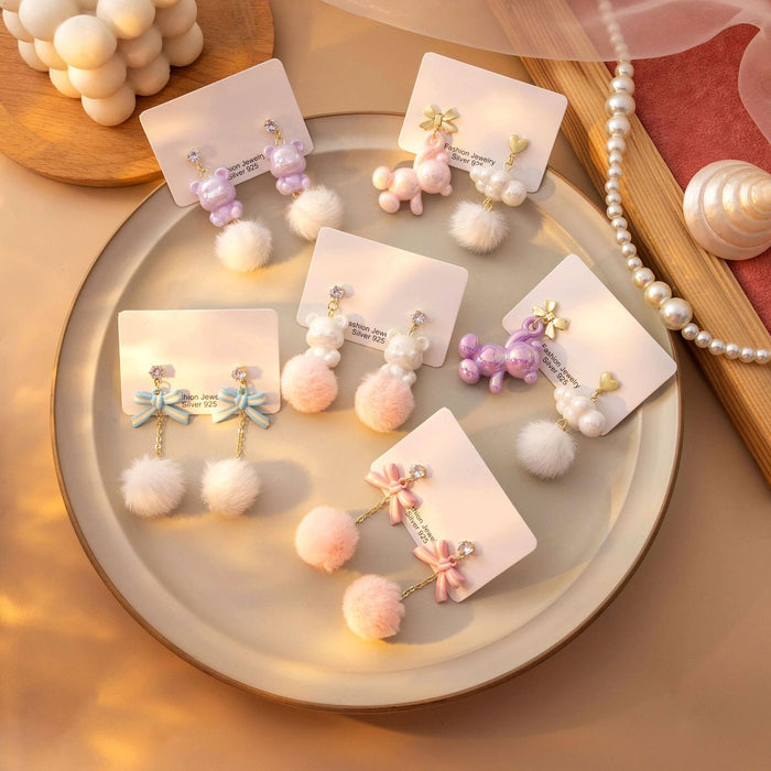 Silver Needle Colorful Cartoon Bear Pom Pom Earrings With Cloud Asymmetric Cute Creative Design