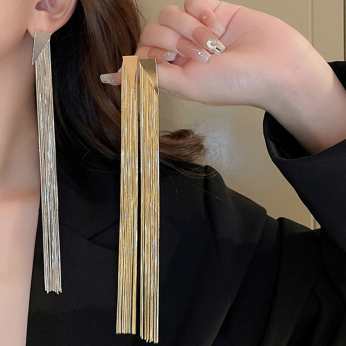 Gold Plated Zinc Alloy Triangle Tassel Drop Earrings With Silver Posts Chic Minimalist Jewelry