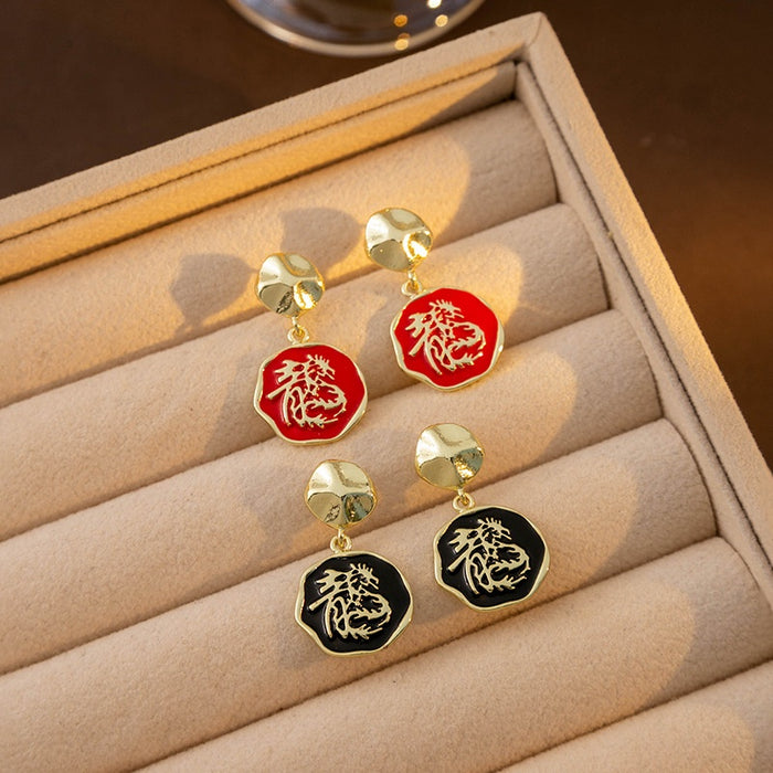 Luxury Chinese Dragon Enamel Alloy Drop Stud Earrings, Red Black New Year Festival Dangle Earrings
