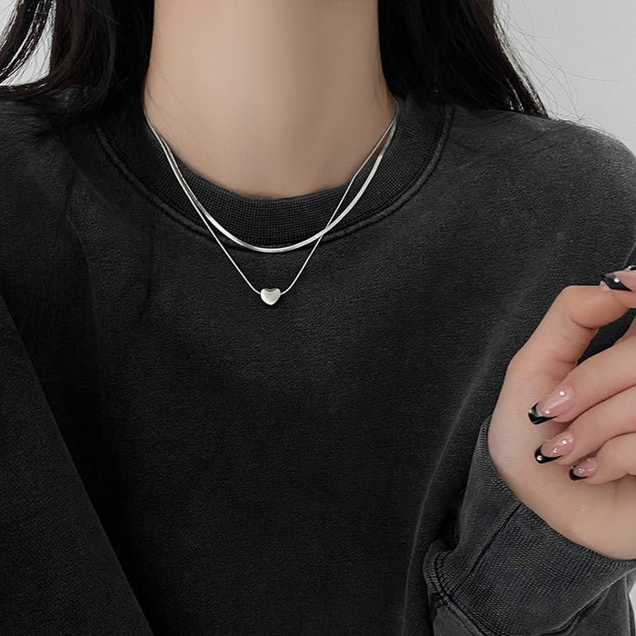 Copper Heart Double Layer Snake Bone Necklace Minimalist Sweet Cool Korean Style Jewelry