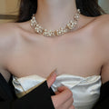 French Vintage Faux Pearl Rhinestone Rectangle Stud Earrings And Necklace Jewelry Set view 4