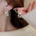 French Vintage Faux Pearl Rhinestone Rectangle Stud Earrings And Necklace Jewelry Set view 3
