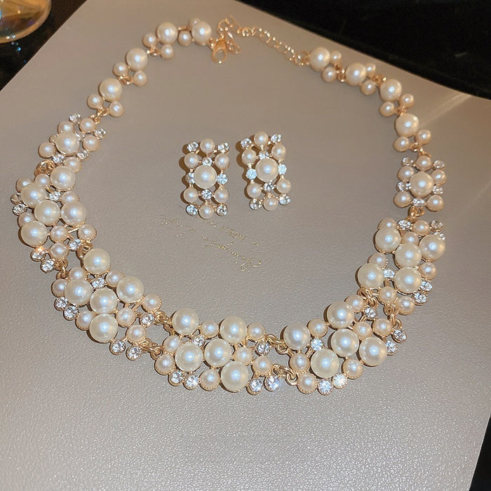 French Vintage Faux Pearl Rhinestone Rectangle Stud Earrings And Necklace Jewelry Set