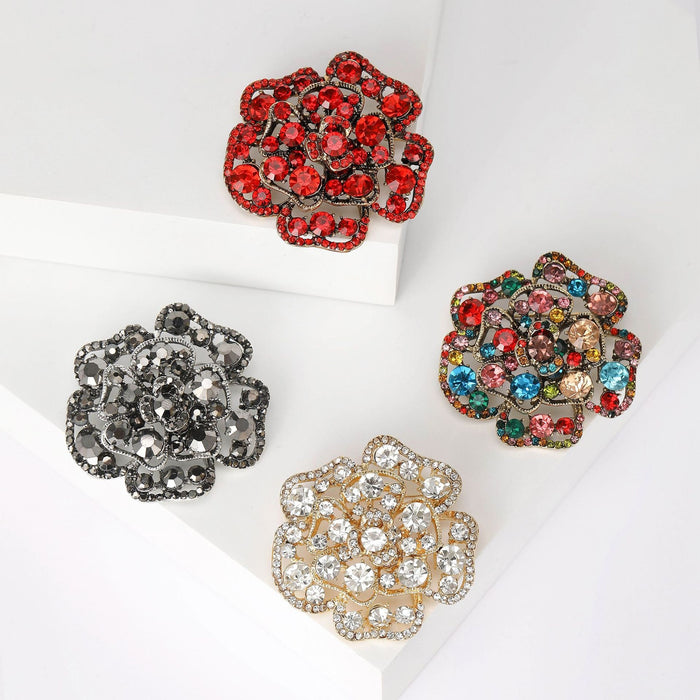Alloy Rhinestone Rose Brooch For Elegant Lapel And Scarf Pin