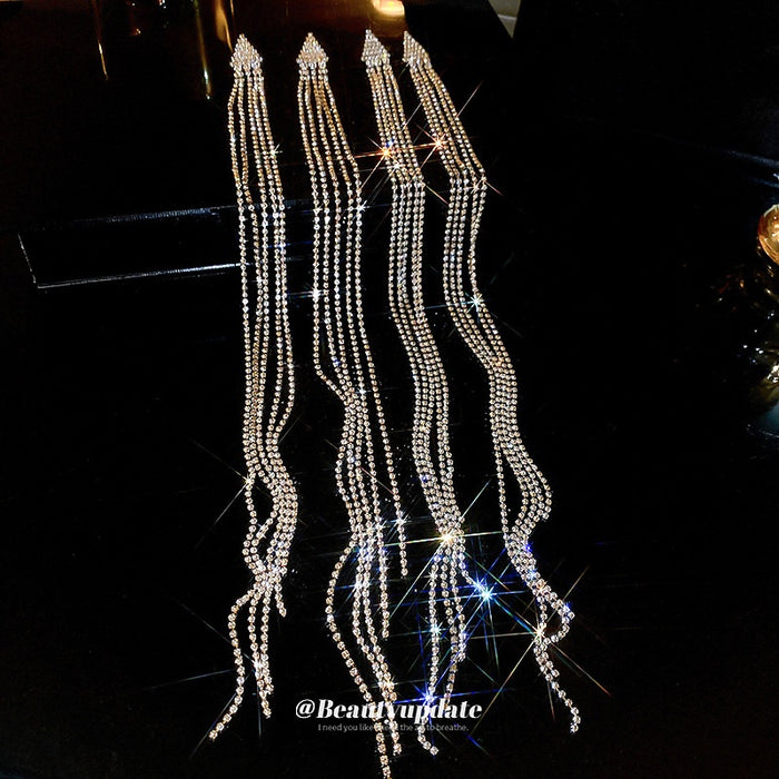 Copper Triangle Rhinestone Long Tassel Drop Earrings Fashion OL Geometric Statement Jewelry