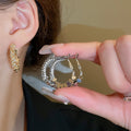 Zircon Silver-Tone Geometric Hoop Earrings, European Style Light Luxury Round Design view 2