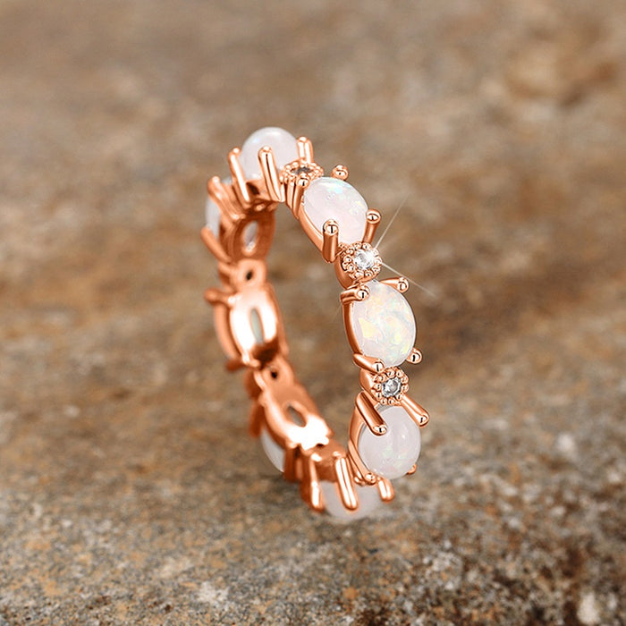 Bridal Small Oval Faux White Fire Opal Stacking Ring, Full Band Design Fashion Finger Ring