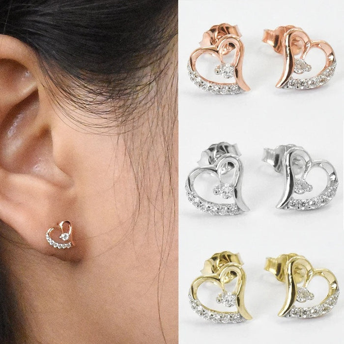 Creative Heart Shaped Stud Earrings For Women, Sweet Cute Micro Pave Hollow Versatile Ear Jewelry