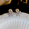 Light Luxury Zircon Snowflake Pearl Stud Earrings French Geometric Hollow Christmas Jewelry view 4