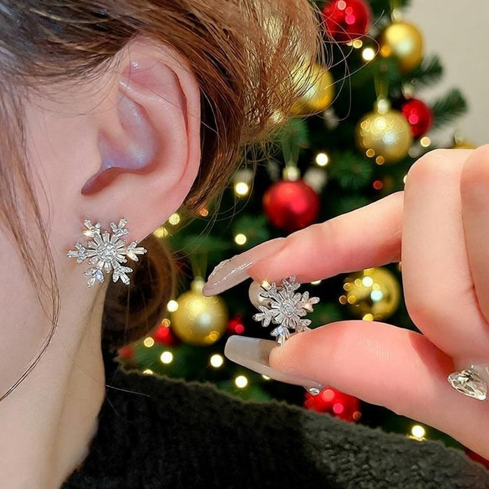 Light Luxury Zircon Snowflake Pearl Stud Earrings French Geometric Hollow Christmas Jewelry
