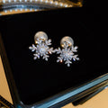 Light Luxury Zircon Snowflake Pearl Stud Earrings French Geometric Hollow Christmas Jewelry view 2