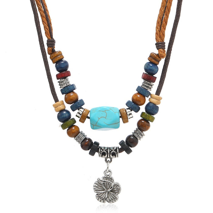 Bohemian Turquoise Necklace Vintage Flower Pendant Multilayer Statement Jewelry For Women