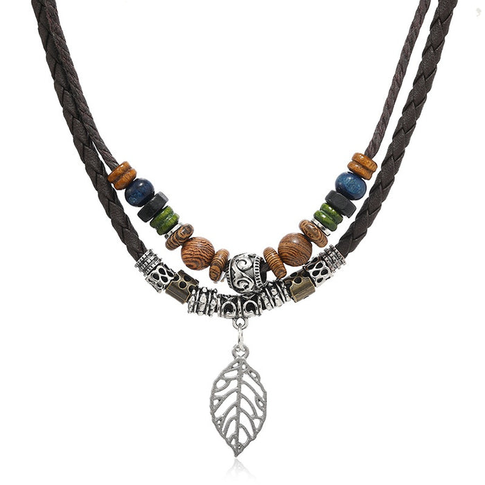 Forest Style Vintage Wood Bead Sweater Necklace Bohemian Multilayer Vacation Long Necklace
