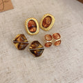 Gold Plated Resin Square Stud Earrings With Silver Posts, Vintage Maillard Style For Women view 3