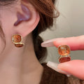 Gold Plated Resin Square Stud Earrings With Silver Posts, Vintage Maillard Style For Women view 4