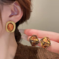 Gold Plated Resin Square Stud Earrings With Silver Posts, Vintage Maillard Style For Women view 2