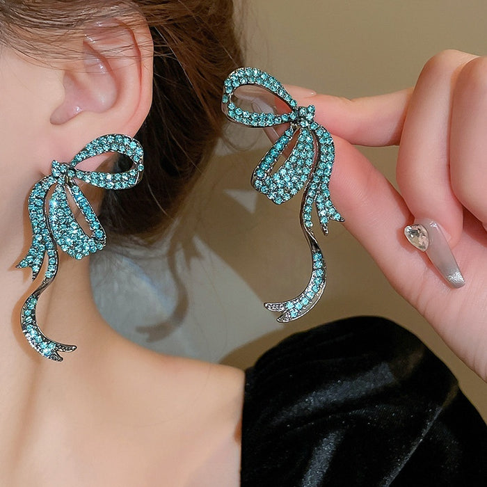Alloy Rhinestone Bow Drop Earrings With Silver Needle, European Statement Luxury Style