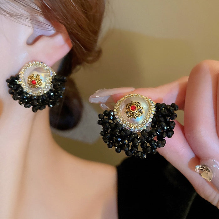 Dark French Vintage Artificial Crystal Flower Drop Earrings With Silver Pins