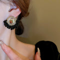 Dark French Vintage Artificial Crystal Flower Drop Earrings With Silver Pins view 3