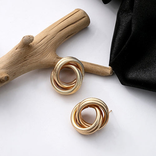 Vintage Luxury Gold Alloy Textured Twisted Rope Irregular Geometric Circle Statement Stud Earrings