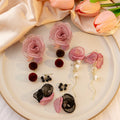 French Vintage Tulle Flower Pearl Alloy Pom Pom Dangle Earrings Elegant Mesh Floral Statement Earrings view 1