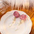 French Vintage Tulle Flower Pearl Alloy Pom Pom Dangle Earrings Elegant Mesh Floral Statement Earrings view 2