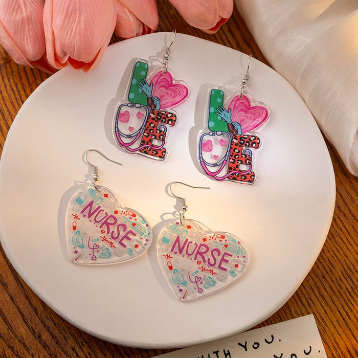 Creative Heart Shaped Colorful Acrylic Nurse Stethoscope Letter Statement Dangle Drop Earrings
