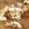 Vintage Punk Engraved Wide Band Ring Two Tone Finger Ring With Three Heart Accents view 2