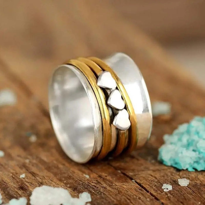 Vintage Punk Engraved Wide Band Ring Two Tone Finger Ring With Three Heart Accents
