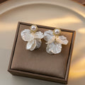 Vintage Elegant White Petal Flower Pearl Stud Drop Tassel Gold Alloy Women's Earrings view 4