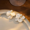 Vintage Elegant White Petal Flower Pearl Stud Drop Tassel Gold Alloy Women's Earrings view 3