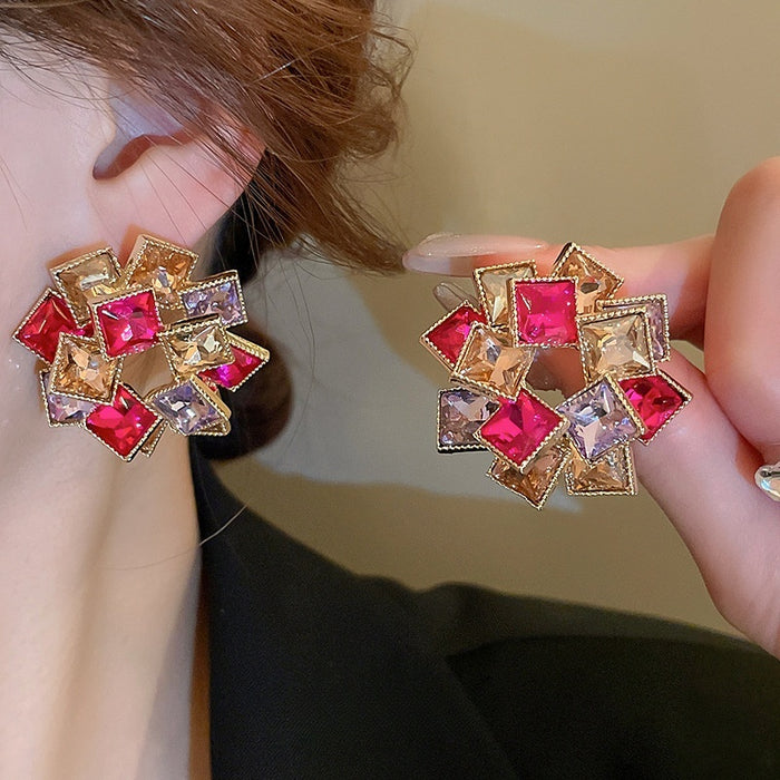 Chic Alloy Rhinestone Irregular Geometric Round Stud Earrings For Women
